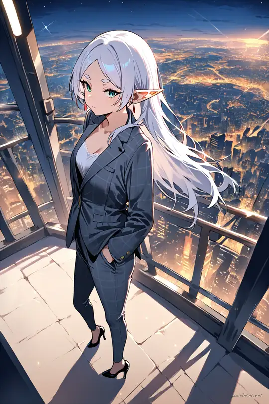 Full-body illustration of Frieren in a grey check pantsuit with fitted blazer, silk camisole, black pumps, standing pose with hand in pocket against a clean studio backdrop