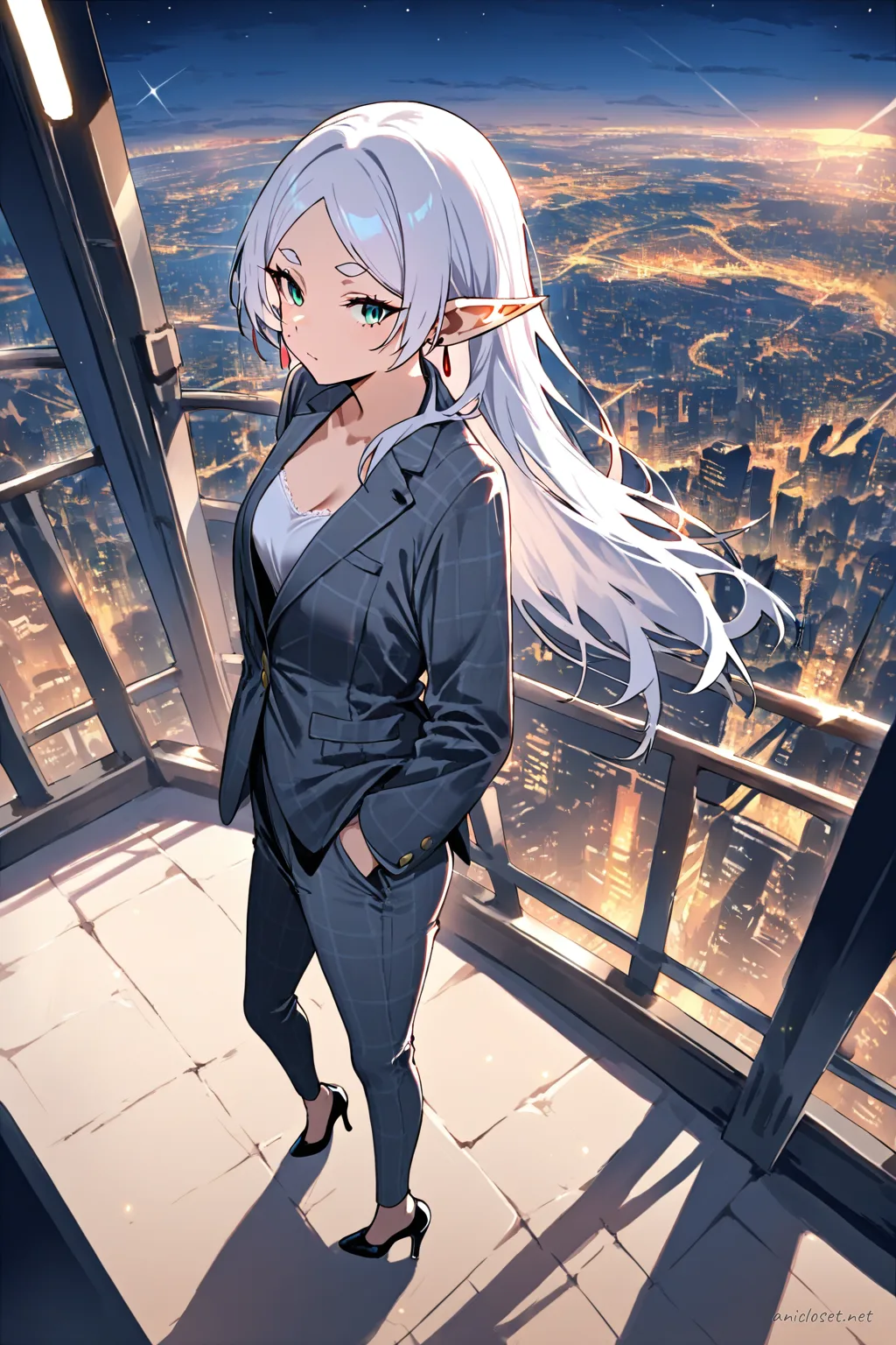 Full-body illustration of Frieren in a grey check pantsuit with fitted blazer, silk camisole, black pumps, standing pose with hand in pocket against a clean studio backdrop