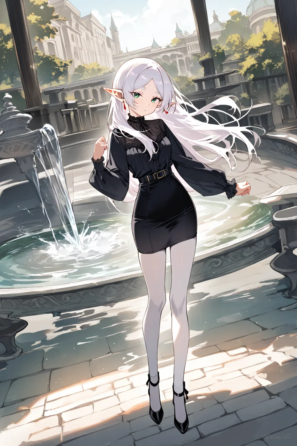 Full body illustration of Frieren standing in a black blouse, high-waist pencil skirt, opaque tights, and black heels, posed by a hotel lounge
