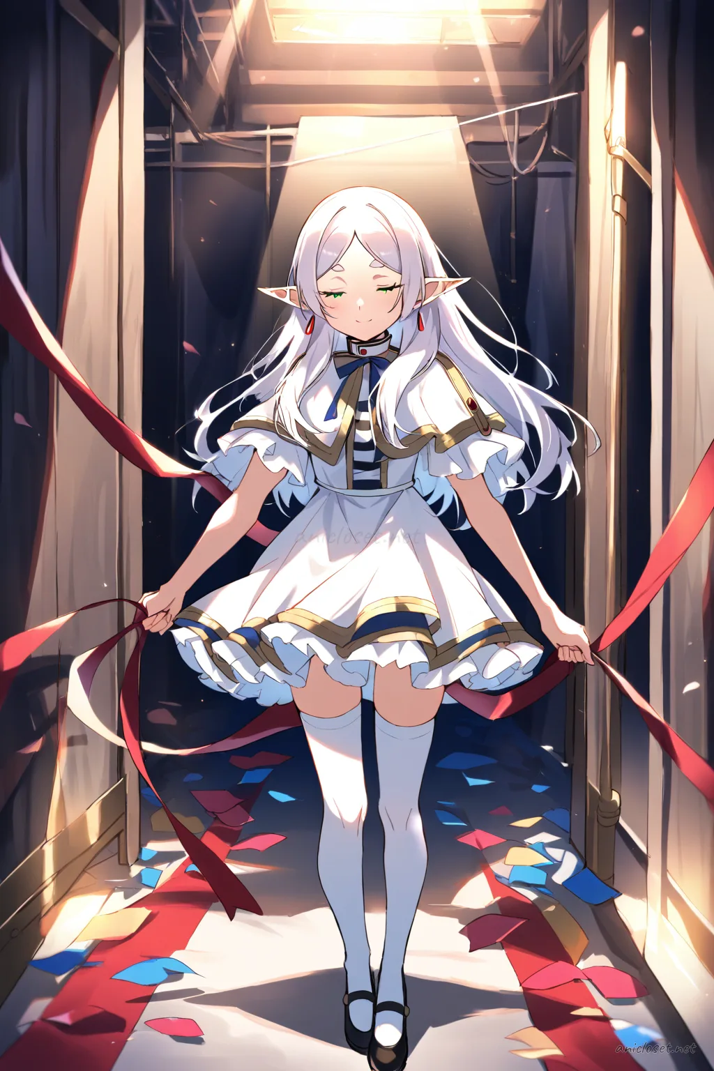 Frieren wearing a frilly idol mini dress with layered skirt, stage bow, white thighhigh socks with ribbon tops, and mary janes