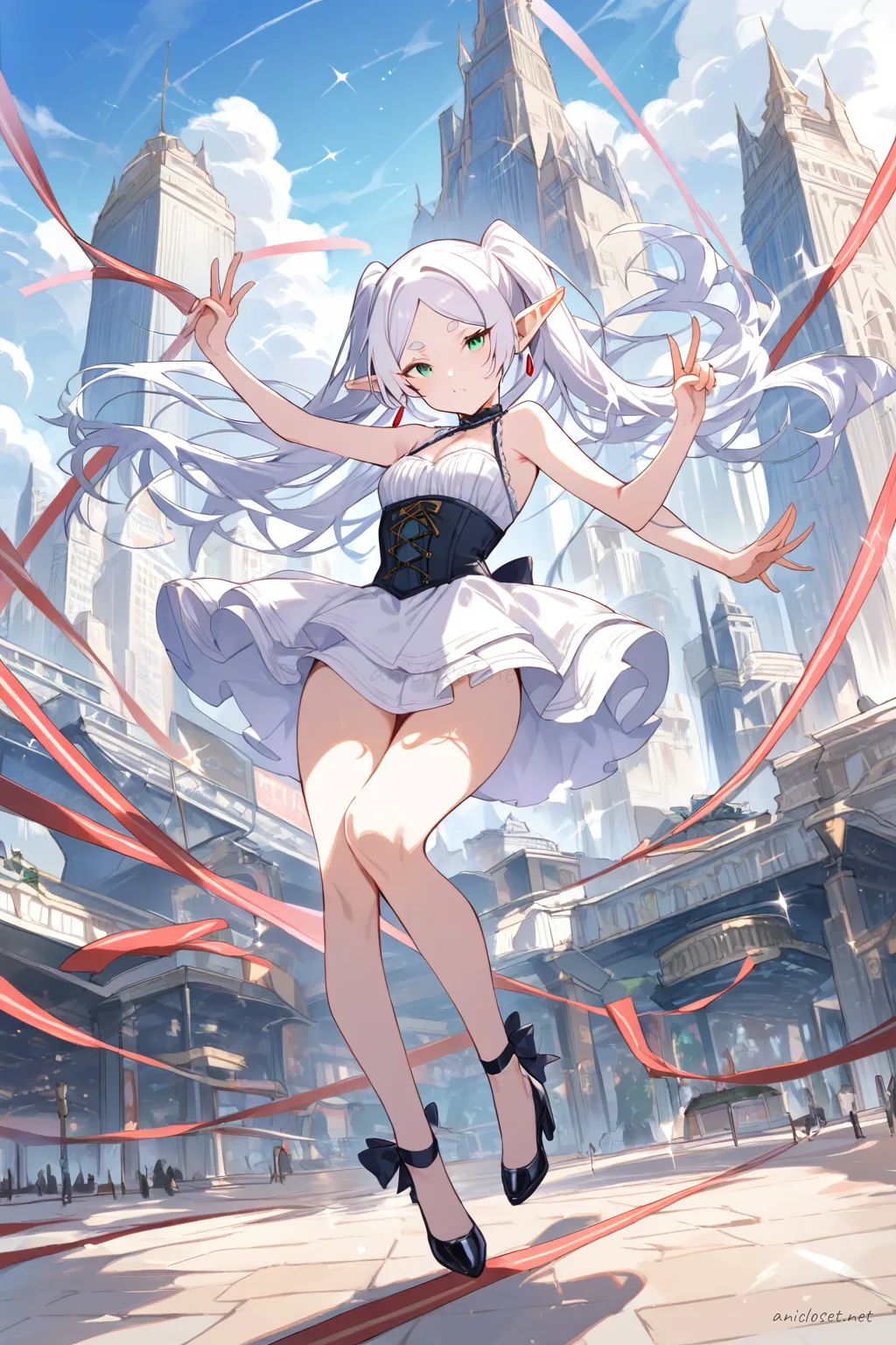 Illustration of Frieren wearing an award-show idol mini dress with sparkle bodice, short layered skirt, stage ribbon, and ankle strap heels