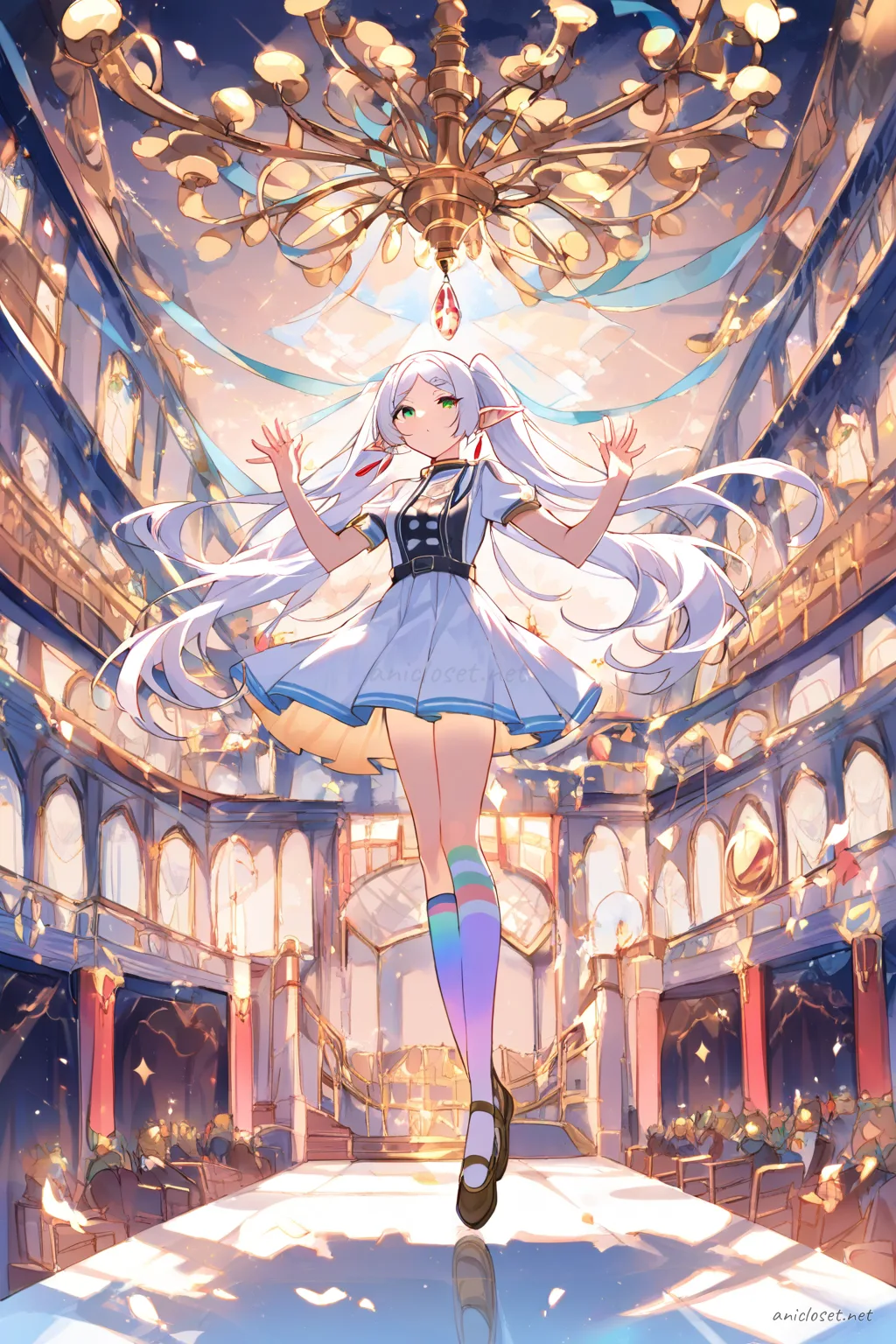 Frieren wearing pastel twin-ribbon idol costume with pleated stage skirt and pastel over-the-knee socks