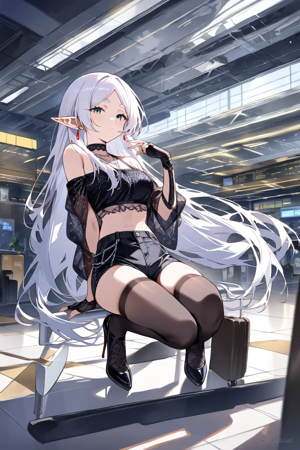 Illustration of Frieren wearing a black sequin crop top, high-waisted leather shorts, sheer black stockings, stiletto heels, fingerless lace gloves, and silver chain necklace