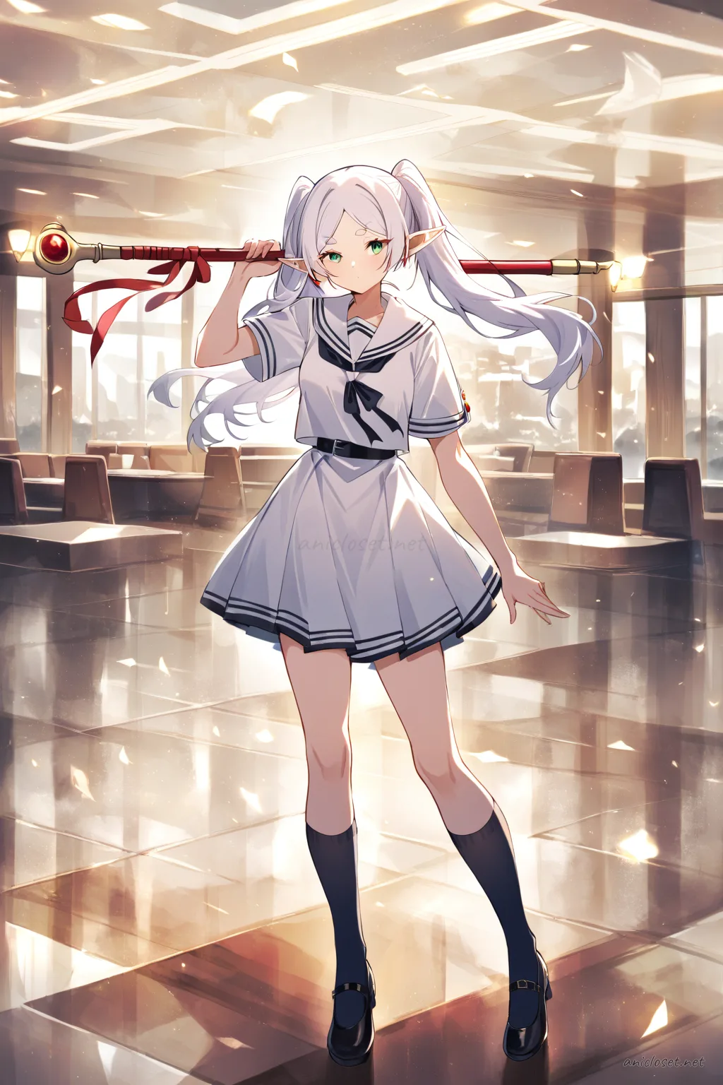 Illustration of Frieren wearing a school-idol inspired stage costume with pleated mini skirt, sailor collar blouse, ribbon tie, knee-high socks, and mary jane shoes