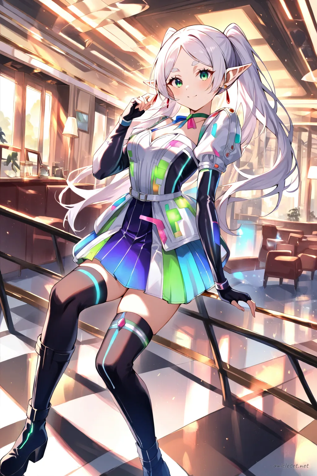 Frieren wearing a futuristic idol costume with glossy panels, ribbon choker, thigh-high stockings, and platform boots