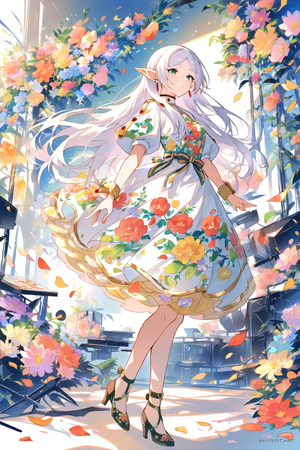 Full-body three-quarter view of Frieren wearing a flower motif idol dress with petal layered skirt, puff sleeves, ribbon belt, and ankle strap heels in bright stage colors