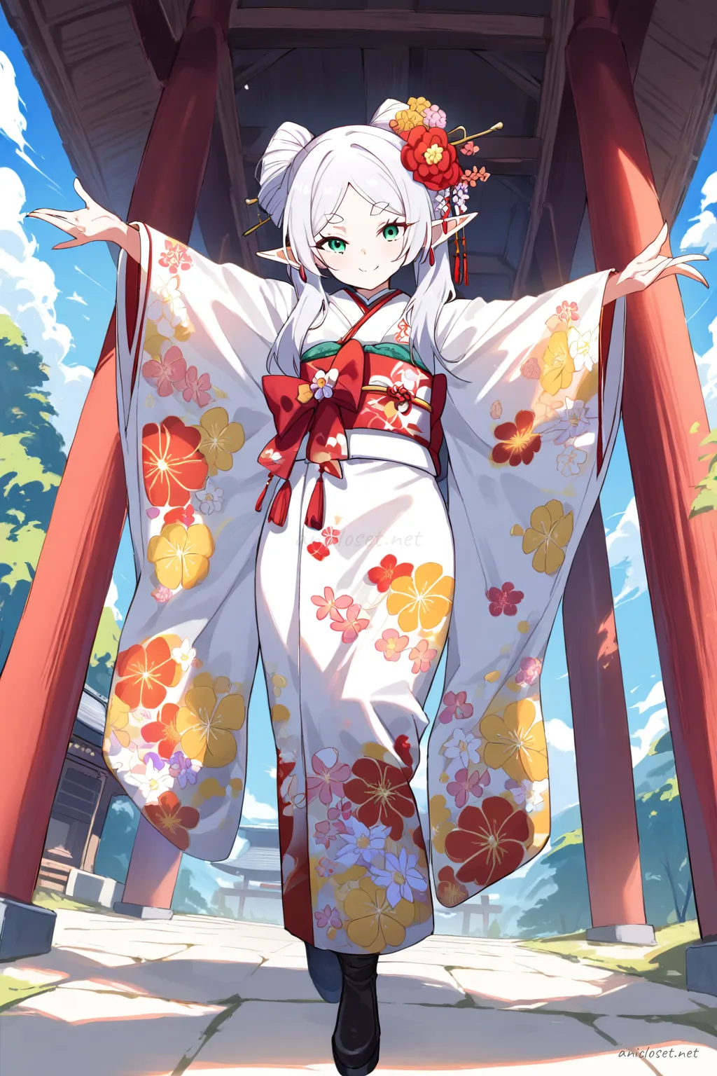 Illustration of Frieren wearing a bright furisode kimono with large floral patterns, oversized obi bow, and flower kanzashi