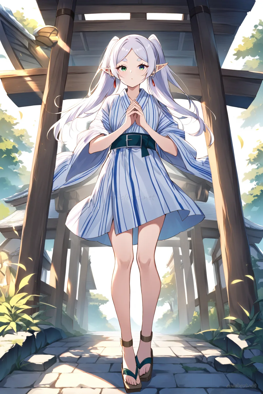 Illustration of Frieren wearing a summer yukata with simple vertical stripes, obi belt, and traditional wooden geta sandals, bare legs visible