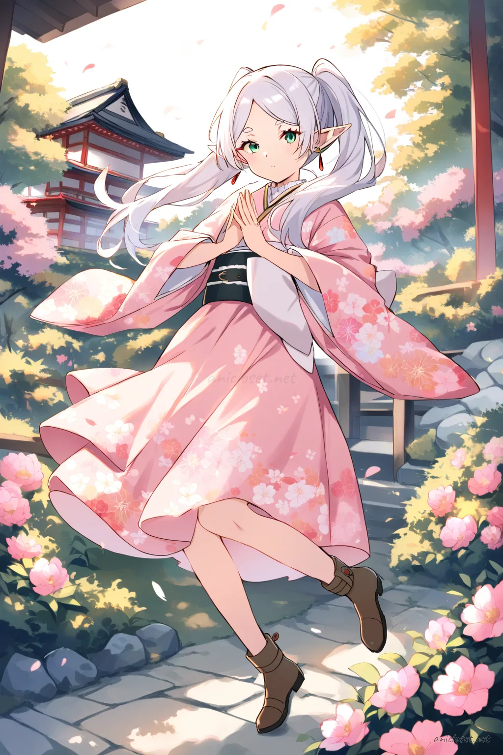 Illustration of Frieren wearing a pastel pink kimono dress with soft floral patterns, a simplified obi belt, and ankle boots with lace trim