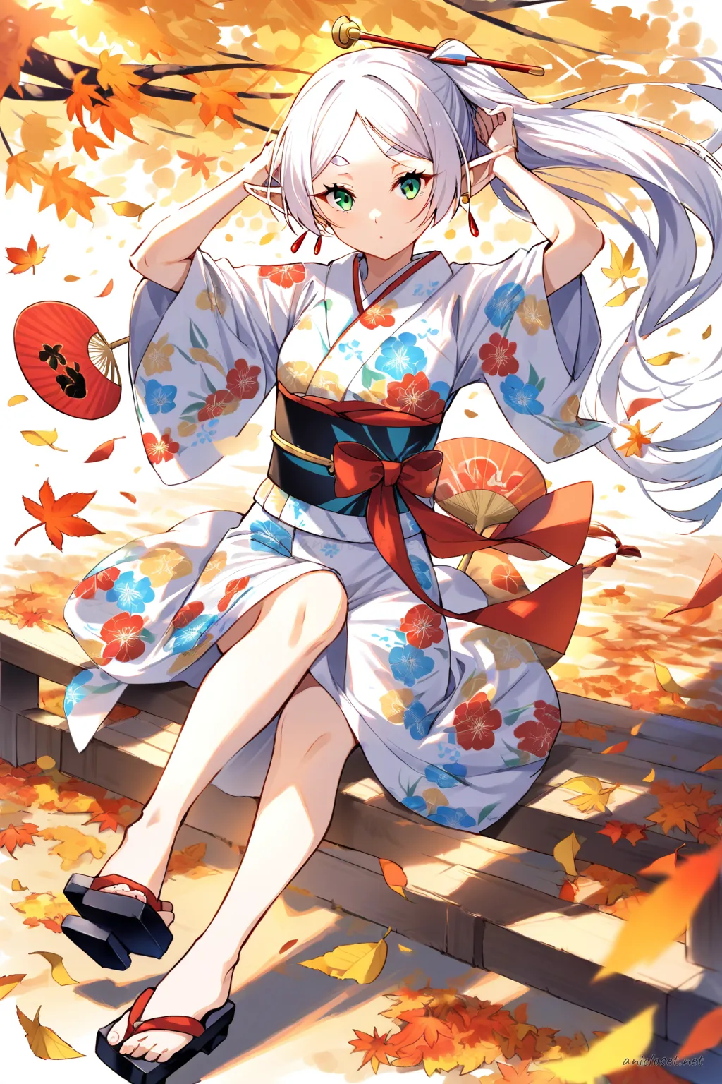 Illustration of Frieren wearing a bright floral festival yukata with obi sash, holding a uchiwa fan and adorned with a festival hairpin