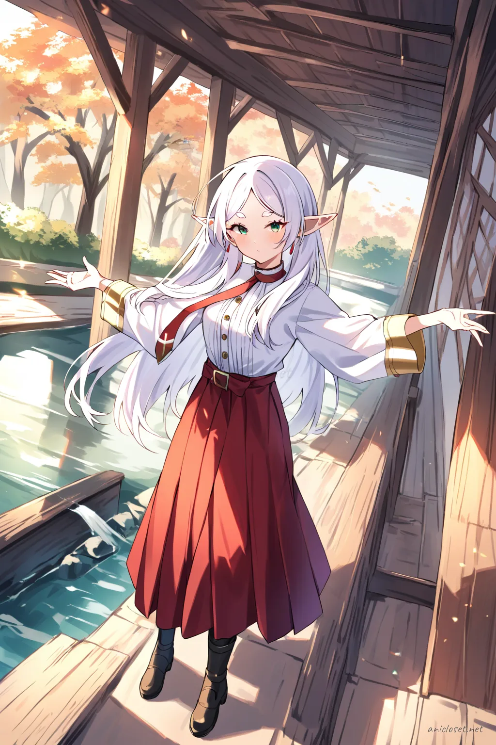 Full body illustration of Frieren wearing a wine-red hakama with a white blouse, gold buttons, ribbon necktie, and black riding boots, standing