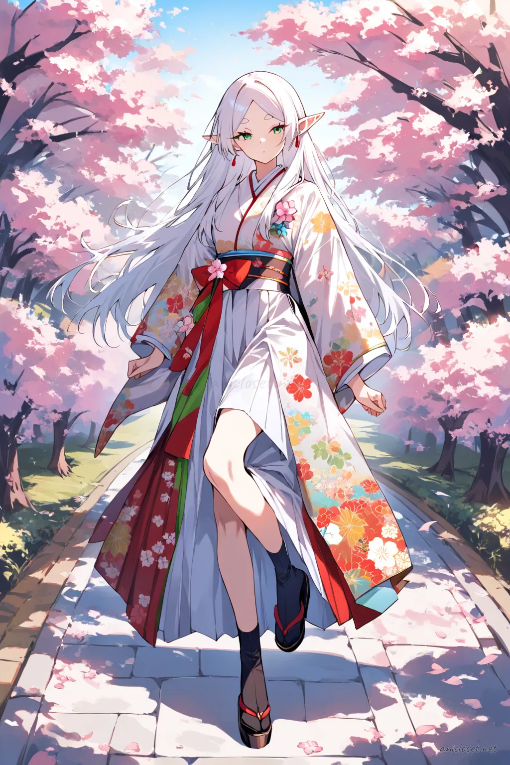 Half-body illustration of Frieren wearing a colorful hakama over a floral patterned kimono with a flower corsage, tabi socks, and zori sandals, under soft studio lighting