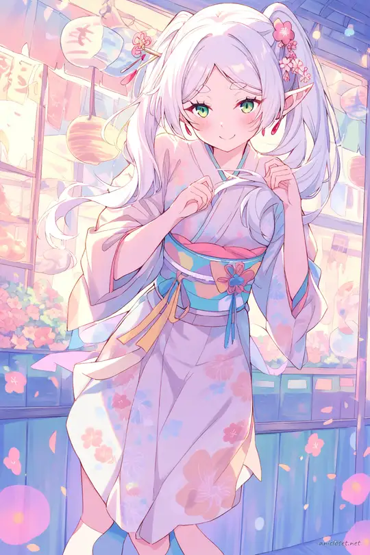 Illustration of Frieren wearing a pastel komon kimono with neat obi and floral hairpin