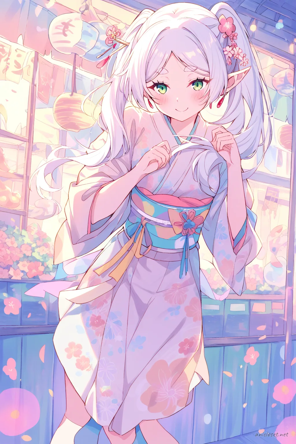Illustration of Frieren wearing a pastel komon kimono with neat obi and floral hairpin