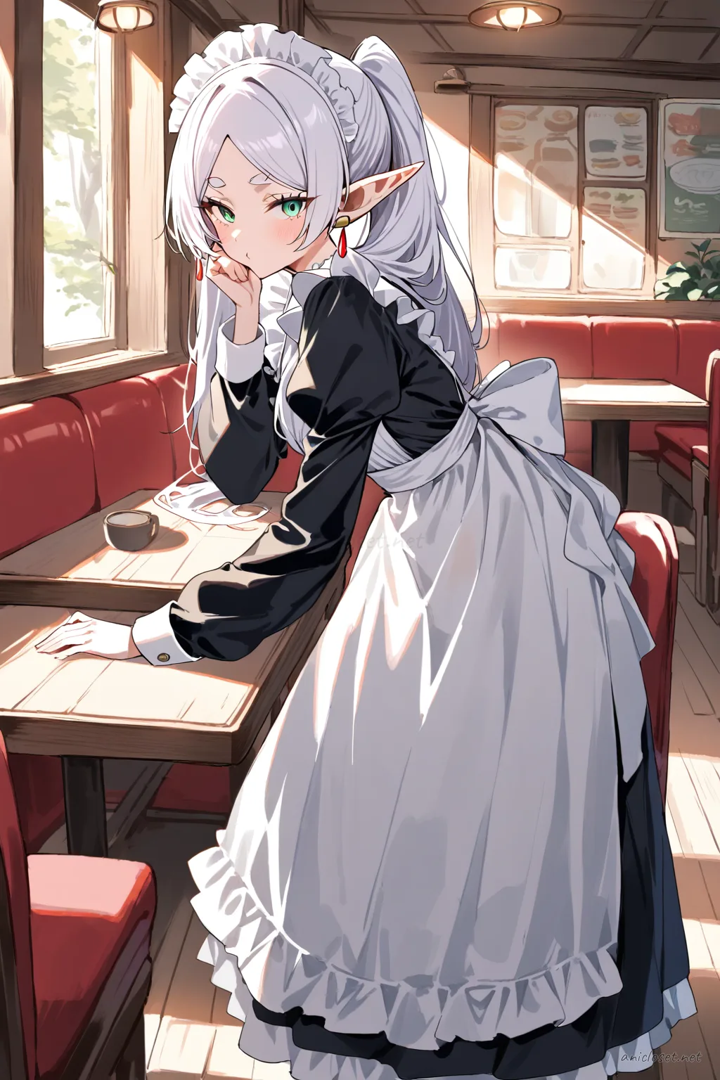 Illustration of Frieren wearing a classic black-and-white Victorian maid dress with long skirt, frilled white apron, puffed sleeves, lace trim, and white maid headdress