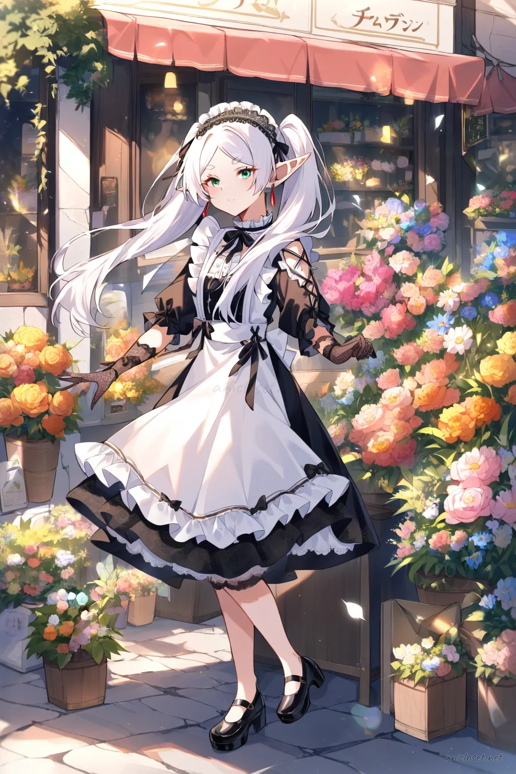 Full body illustration of Frieren in a gothic black lace maid dress with layered knee-length skirt, cross-tie ribbon bow, black lace gloves, and black platform mary janes viewed from below focusing on shoes