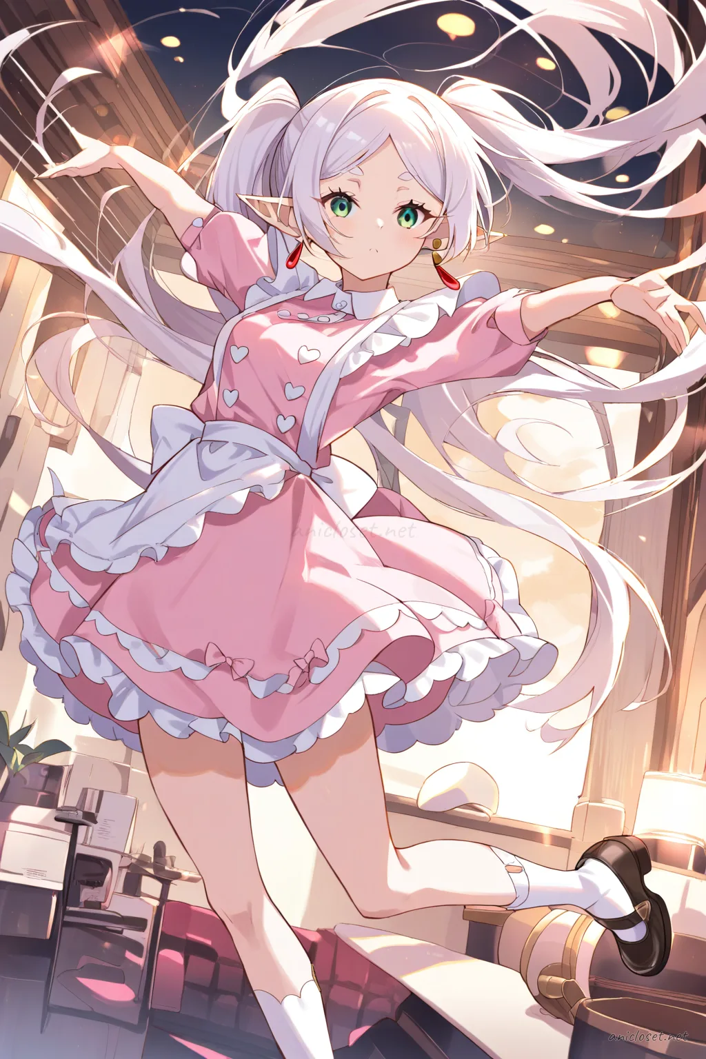 Illustration of Frieren wearing a pastel pink maid dress with scalloped apron, heart buttons, puff sleeves, peter pan collar, knee socks, and pink bow shoes