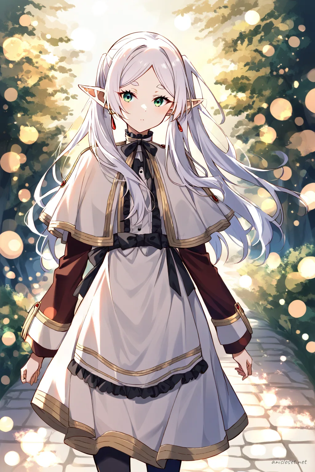 Illustration of Frieren in a winter maid outfit with velvet long sleeves, warm frilled apron, capelet, opaque tights, and ankle boots, shown from the front in a cowboy shot.