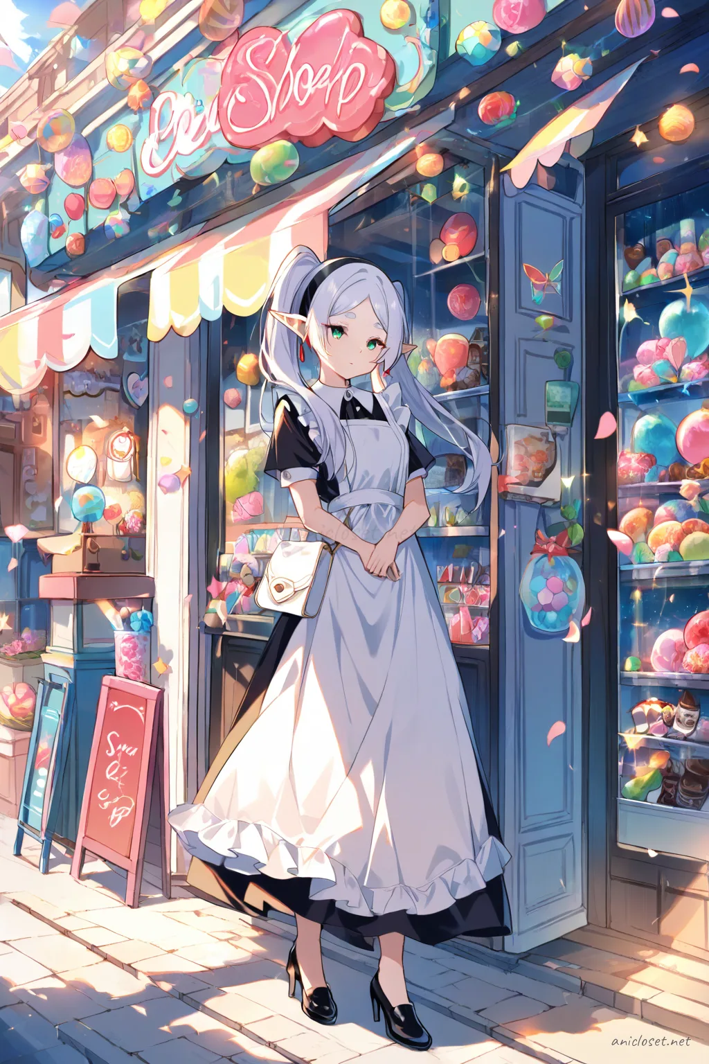 Full body illustration of Frieren in a tailored black midi maid dress with white apron, short sleeves, peter pan collar, black low heels, and black headband, standing