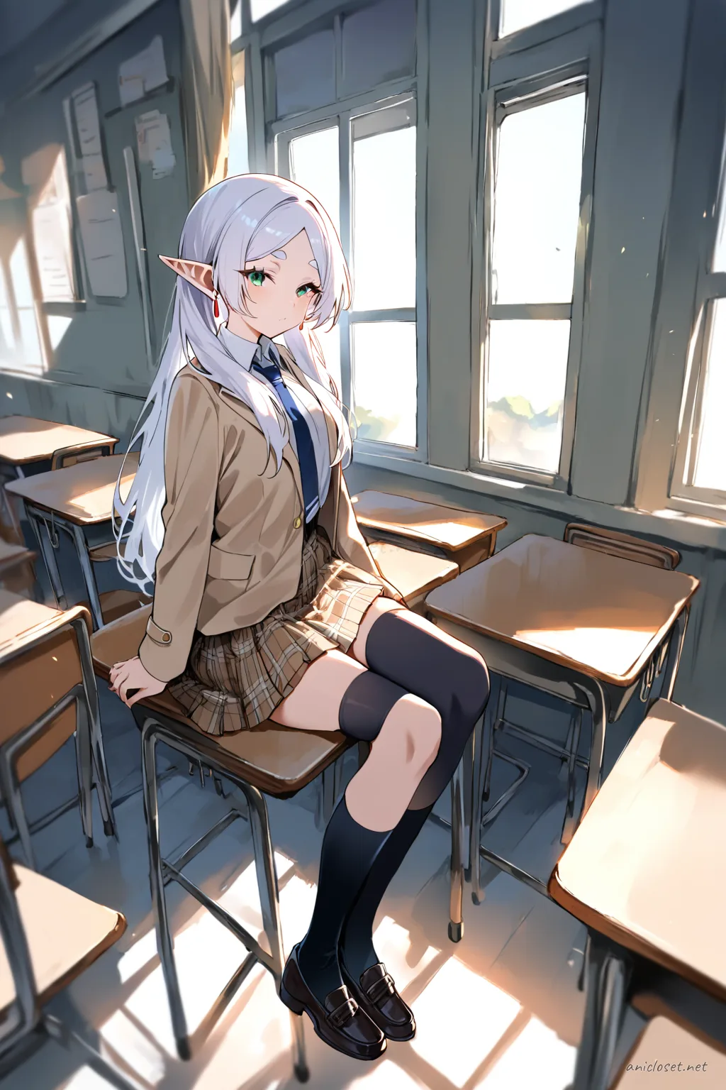 Full body illustration of Frieren in beige blazer school uniform with necktie, plaid pleated skirt, black thighhigh socks, and loafers