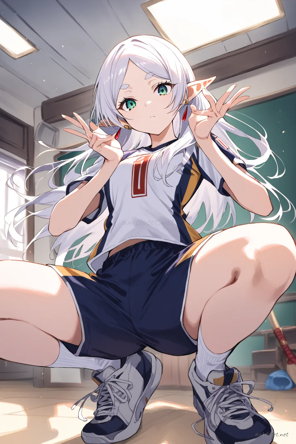 Illustration of Frieren in a school gym set with short jersey, athletic shorts, knee socks, and sneakers, front view cowboy shot