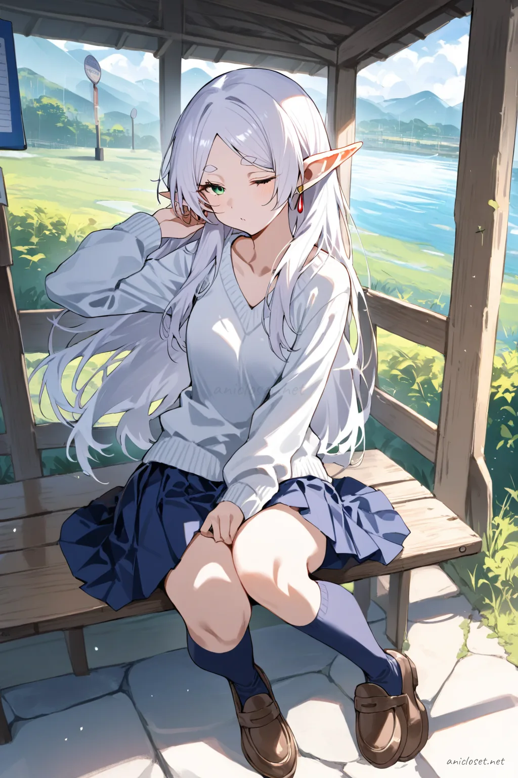 Illustration of Frieren wearing a white blouse, navy blue v-neck sweater, long pleated skirt, brown loafers, and knee socks in a school setting