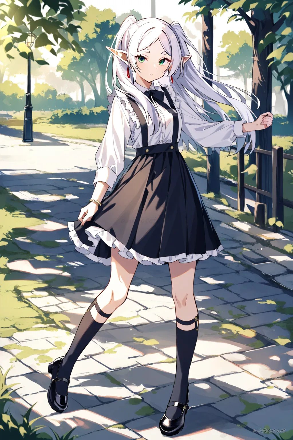 Full-body illustration of Frieren in a school uniform with a black frilled maid apron, white blouse, black pleated skirt, knee socks, and mary jane shoes, standing against a clean studio backdrop