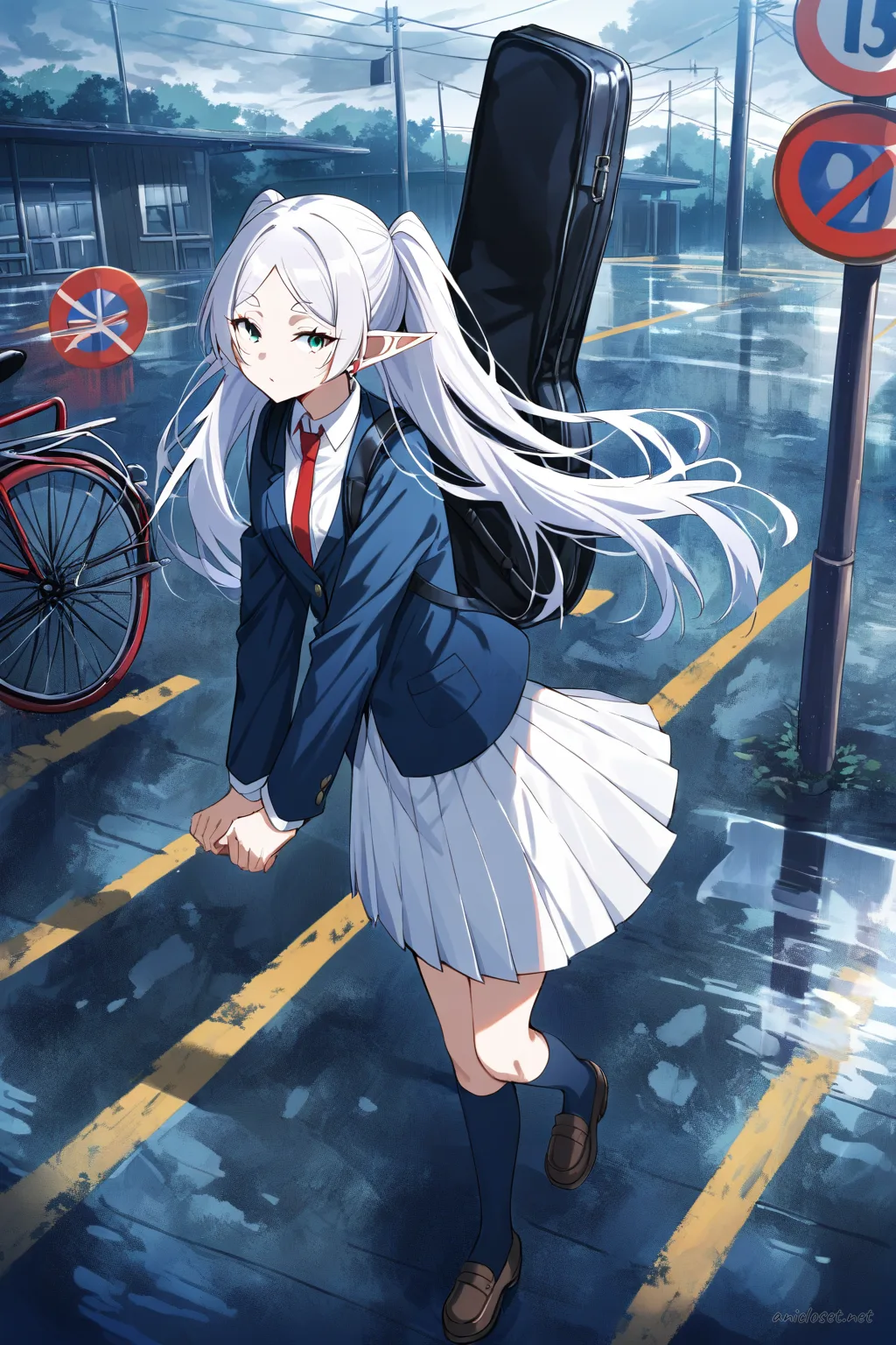 Illustration of Frieren in a navy blazer, white dress shirt, red necktie, pleated skirt, knee-high socks, brown loafers, holding a leather instrument case