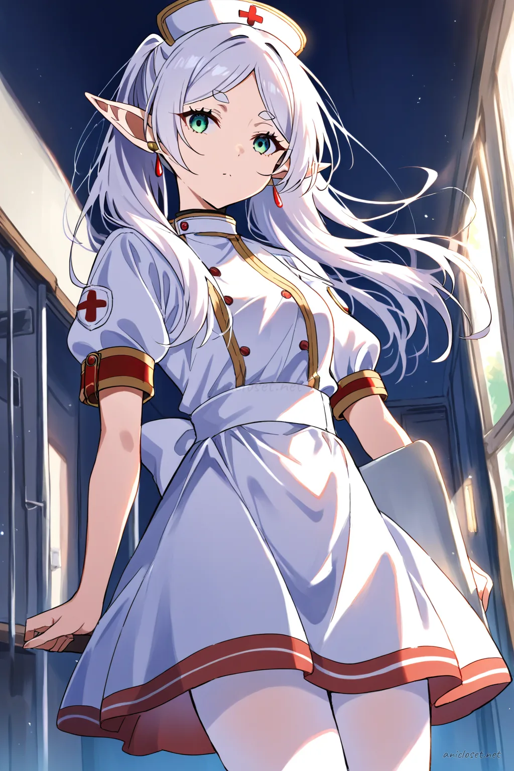 Illustration of Frieren in a moe nurse uniform dress with short hem, nurse cap, red cross armband, sheer white tights, and mary janes, front cowboy shot