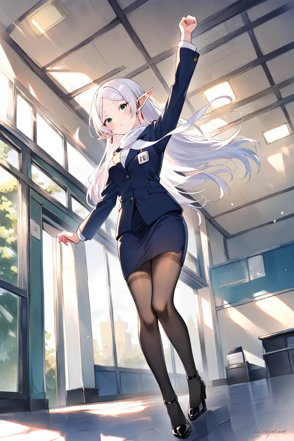 Full body illustration of Frieren in airline cabin-attendant uniform with tailored jacket, scarf, pencil skirt, sheer tights, and pumps, viewed from below focusing on shoes