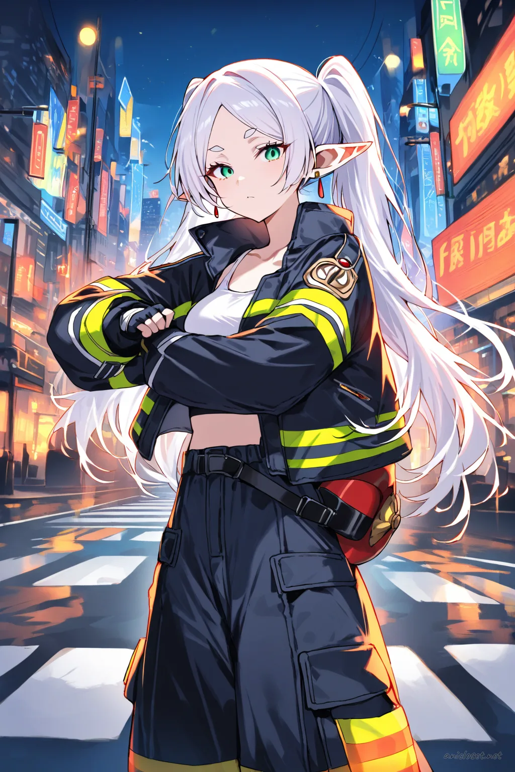 Illustration of Frieren wearing a firefighter-style uniform with an open turnout jacket over a fitted tank top, cargo shorts, boots, and holding a firefighter helmet under her arm