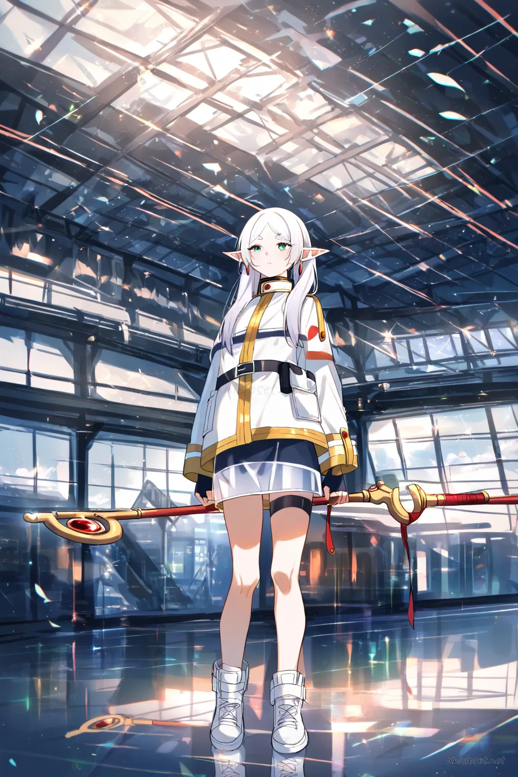 Illustration of Frieren in paramedic EMT uniform with fitted jacket, reflective stripes, short cargo skirt, utility belt, and white sneakers