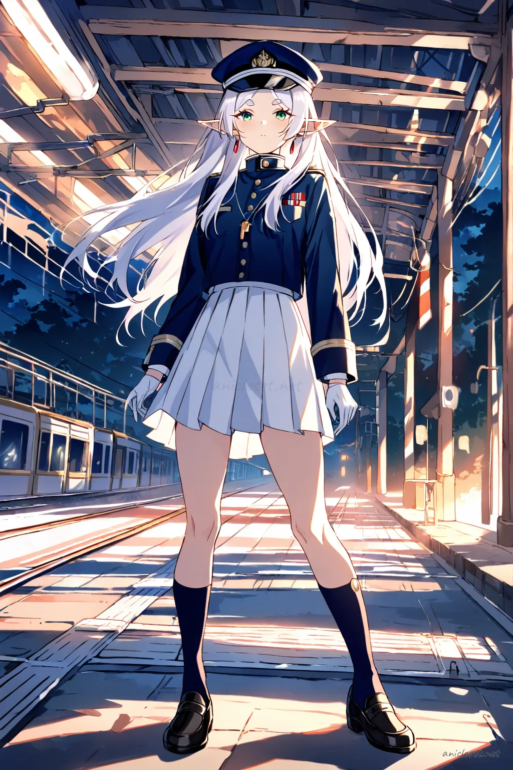 Full-body illustration of Frieren in navy station attendant uniform with pleated skirt, cap, white gloves, and whistle necklace standing against a clean studio backdrop