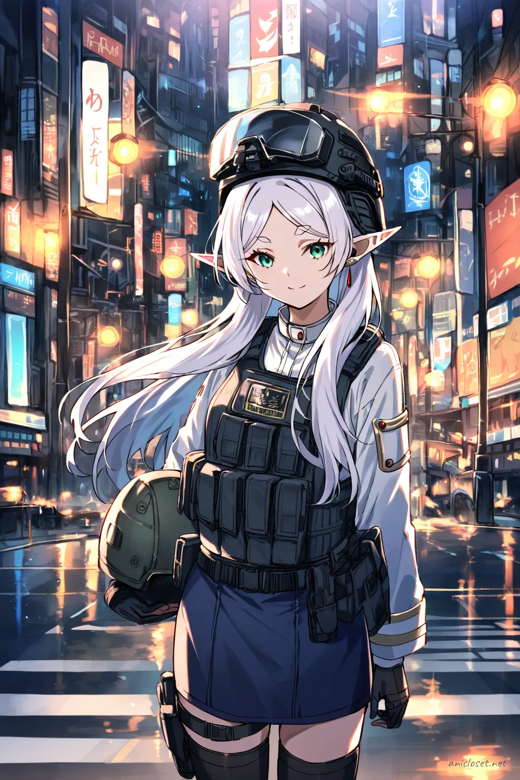 Frieren in navy tactical vest over fitted white shirt, navy cargo skirt, holster belt, holding helmet under arm, front cowboy shot