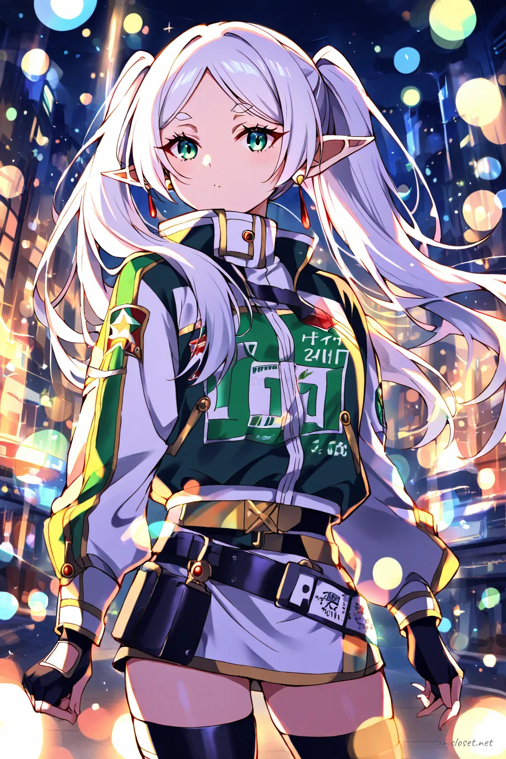 Illustration of Frieren in a tight racing jacket, mini skirt, thigh-high boots, and fingerless gloves with sponsor-style patches in a cowboy shot