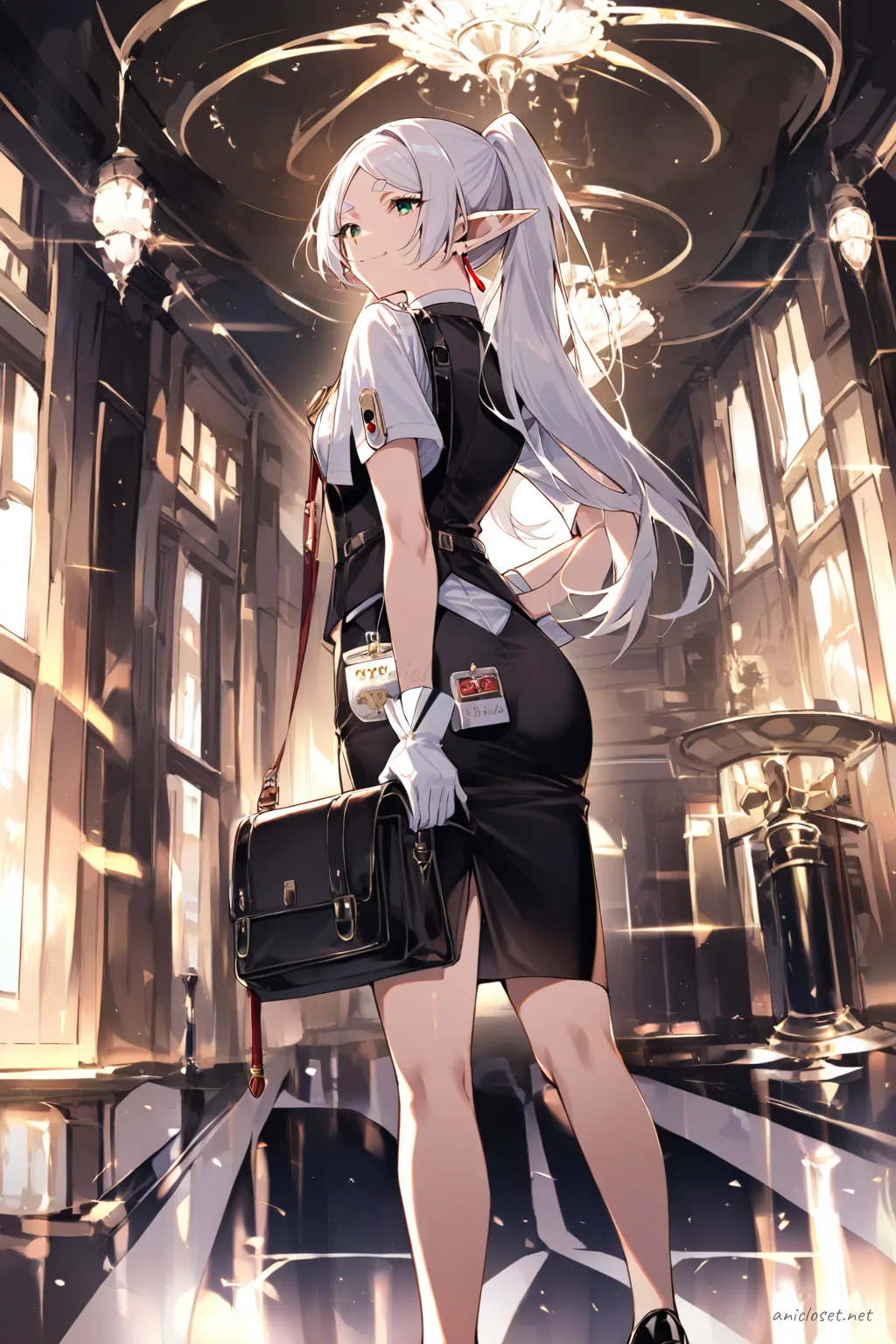 Illustration of Frieren wearing a hotel front-desk concierge uniform with tailored vest, white blouse, pencil skirt, name badge, and optional white gloves