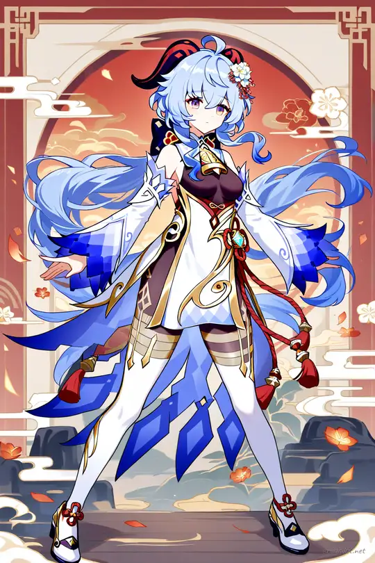 Full-body illustration of Ganyu in her signature blue and purple qipao dress with floral patterns, white thigh-high stockings, blue heels, and red ribbon belt, standing against a clean studio backdrop