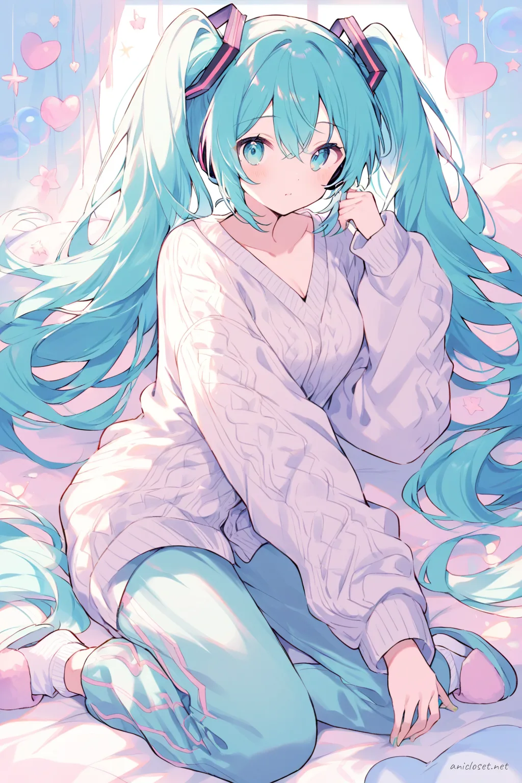 Full-body three-quarter view of Hatsune Miku wearing an oversized pastel cardigan and tapered soft lounge pants with slippers and cozy socks against a simple studio background