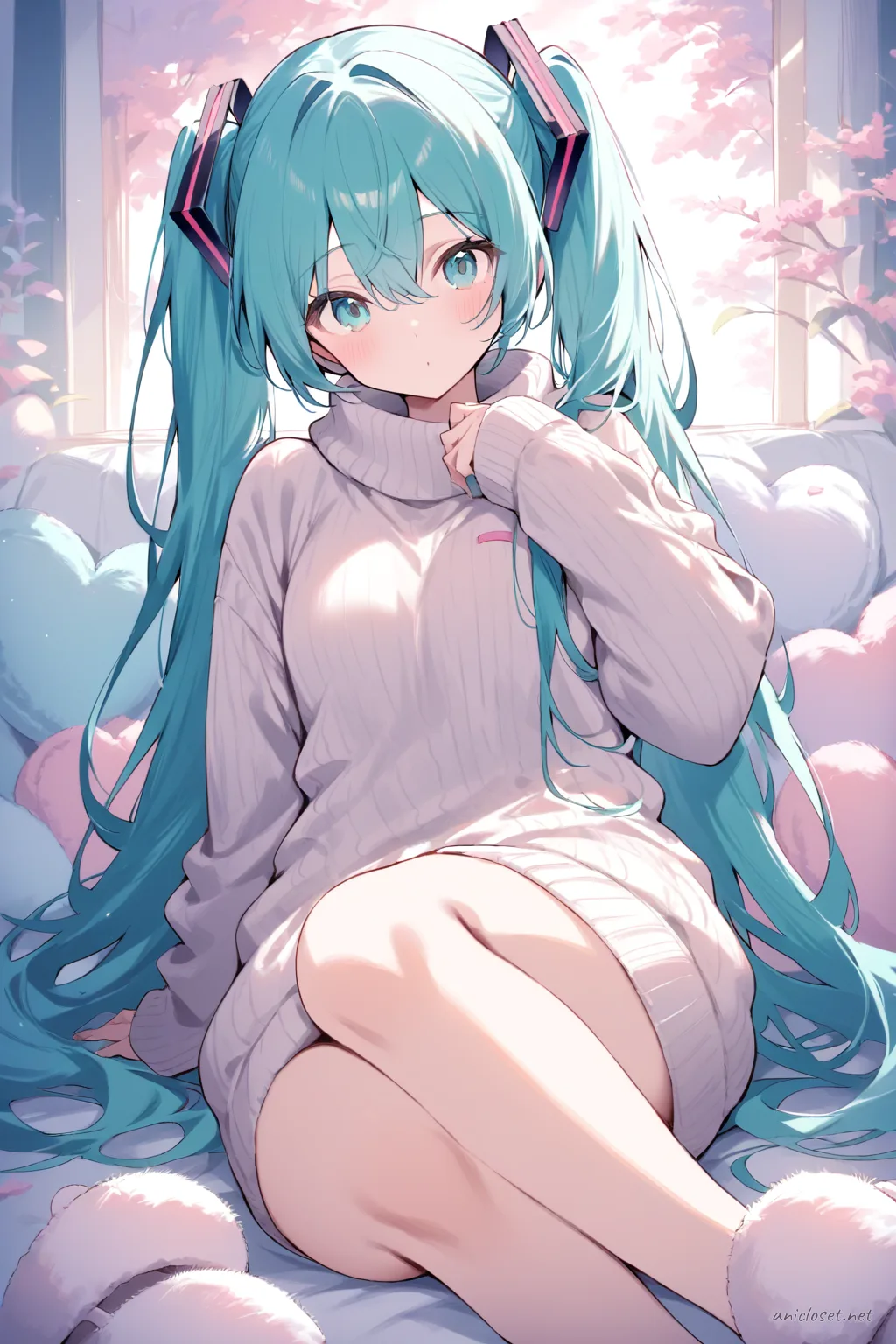Full-body three-quarter view illustration of Hatsune Miku wearing a pastel oversized knit sweater dress with ribbed texture, turtleneck, long sleeves, and fuzzy slip-on slippers in a clean studio setting
