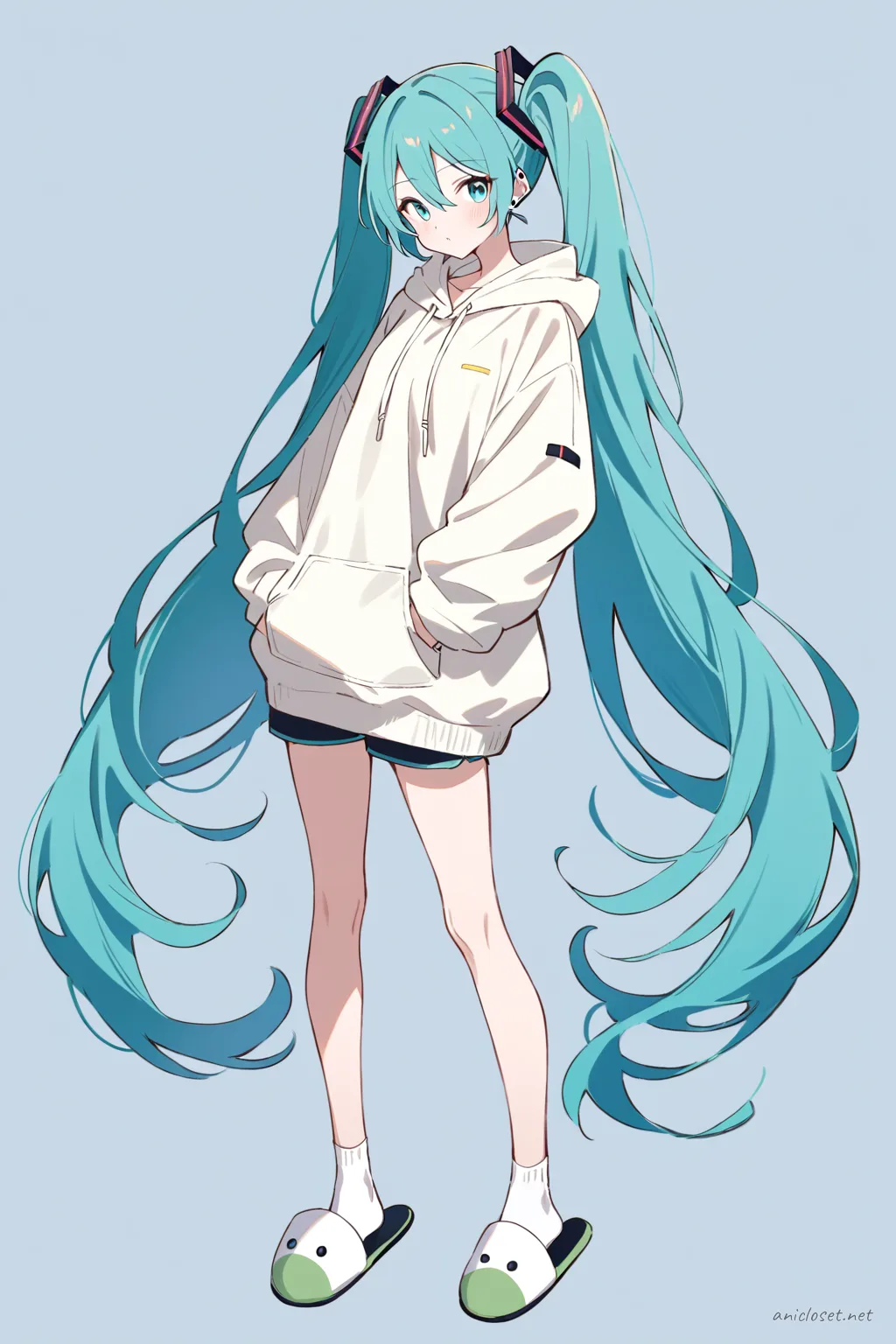 Full-body illustration of Hatsune Miku standing in a casual lounge outfit with oversized hoodie, mid-thigh shorts, ankle socks, and slip-on house slippers against a clean studio backdrop
