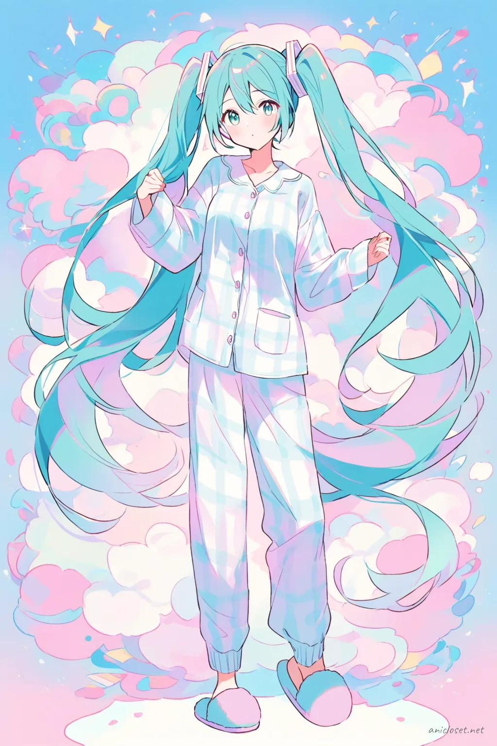 Full-body illustration of Hatsune Miku standing in a flannel pajama-inspired modest lounge outfit with pastel colors and cozy slippers on a clean studio backdrop