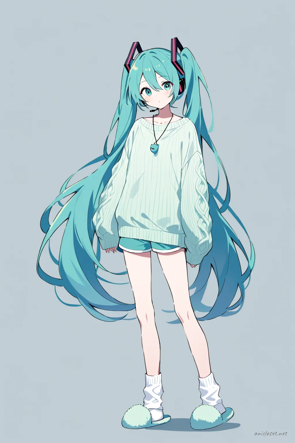 Full-body illustration of Hatsune Miku standing in pastel oversized knit sweater, loose lounge shorts, fuzzy crew socks, and slip-on slippers on a clean studio background