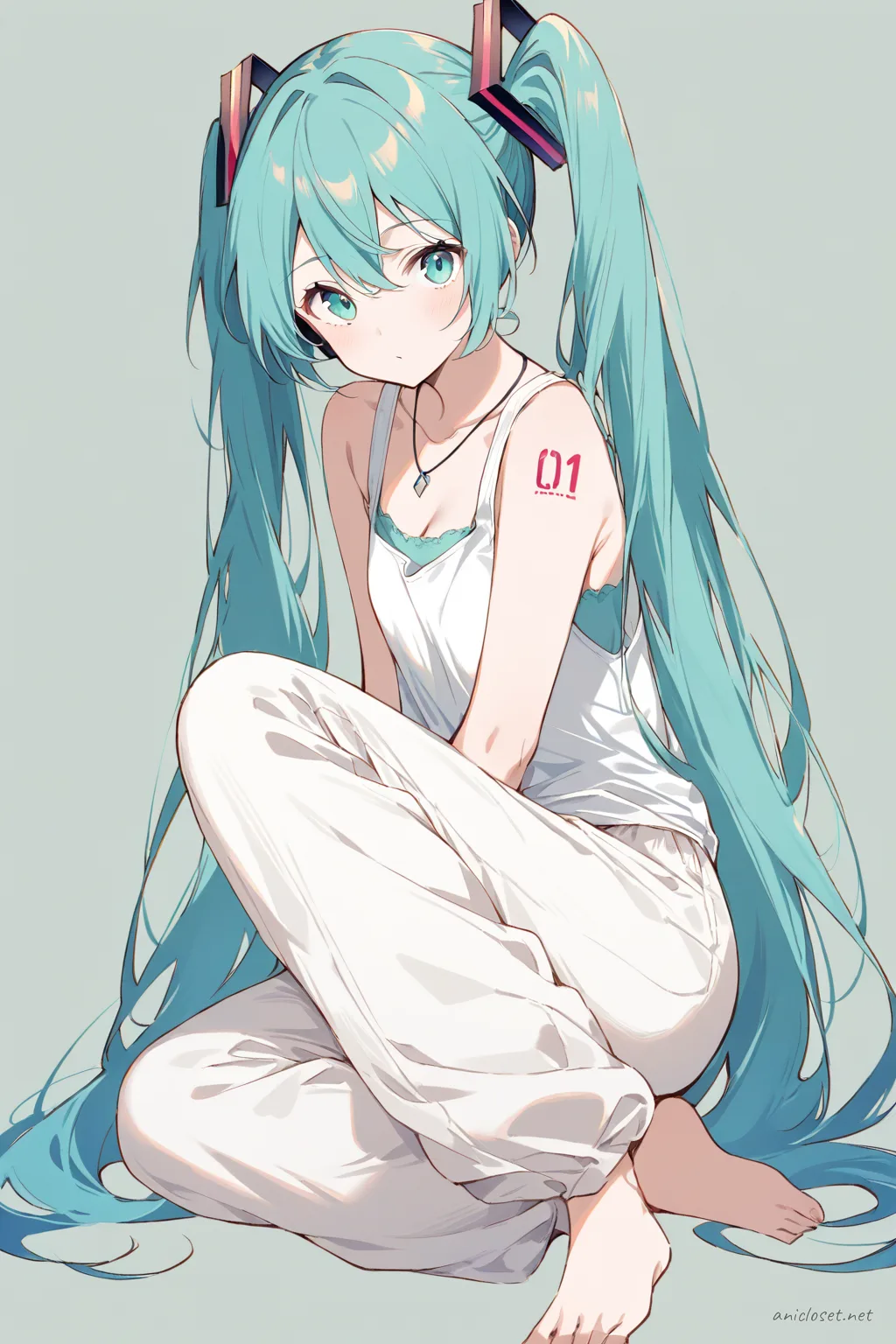 Illustration of Hatsune Miku in a tank top and wide linen pants, shown knee-up with soft studio lighting, barefoot and wearing a simple necklace against a clean background