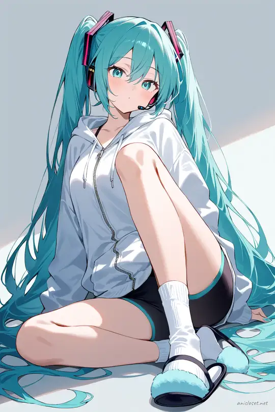 Full-body illustration of Hatsune Miku standing in a zip-up hoodie and bike shorts with slip-on sneakers against a clean studio backdrop
