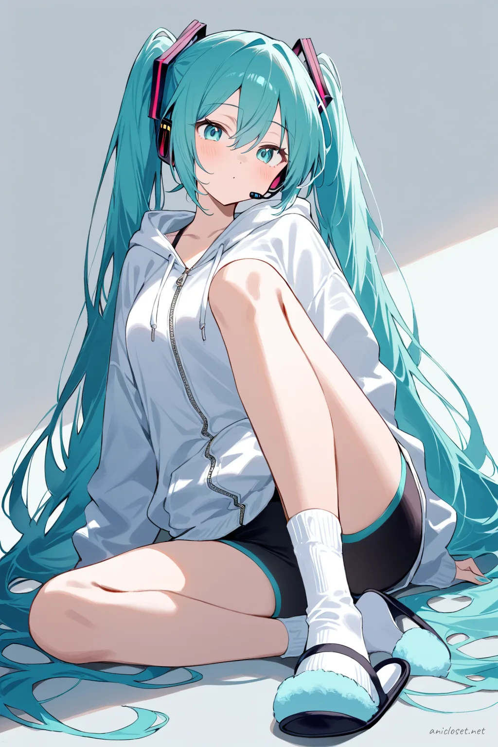 Full-body illustration of Hatsune Miku standing in a zip-up hoodie and bike shorts with slip-on sneakers against a clean studio backdrop