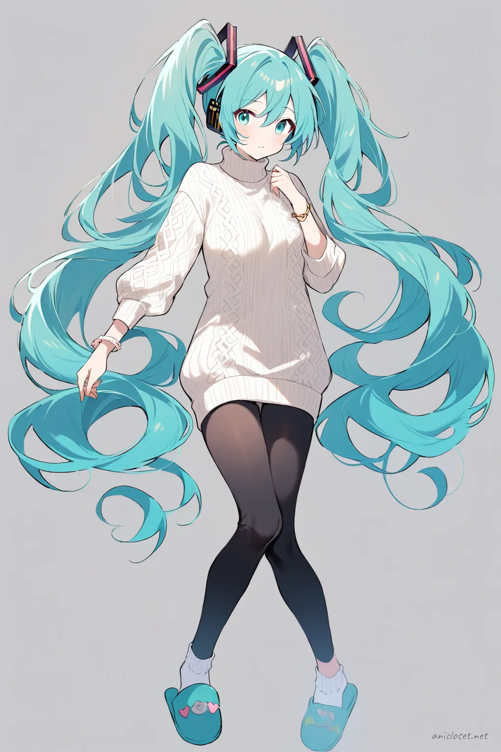 Full-body three-quarter view illustration of Hatsune Miku wearing a long cable knit turtleneck tunic, fitted black leggings, cozy socks, and slip-on house slippers against a clean studio background