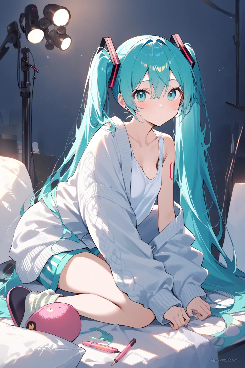 Illustration of Hatsune Miku in a knee-up half-body pose wearing a soft terry cloth hair towel, oversized knit cardigan, loose cotton tank top, and high-waisted lounge shorts under soft studio lighting