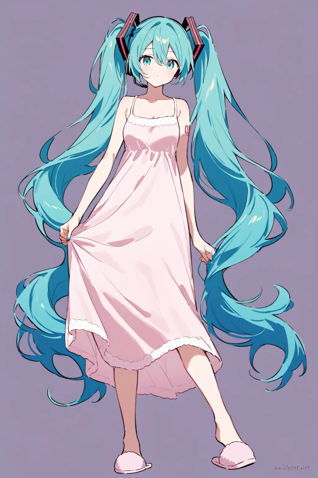 Illustration of Hatsune Miku standing in a soft pink sleeveless knit midi dress with flat light pink slippers against a clean studio backdrop