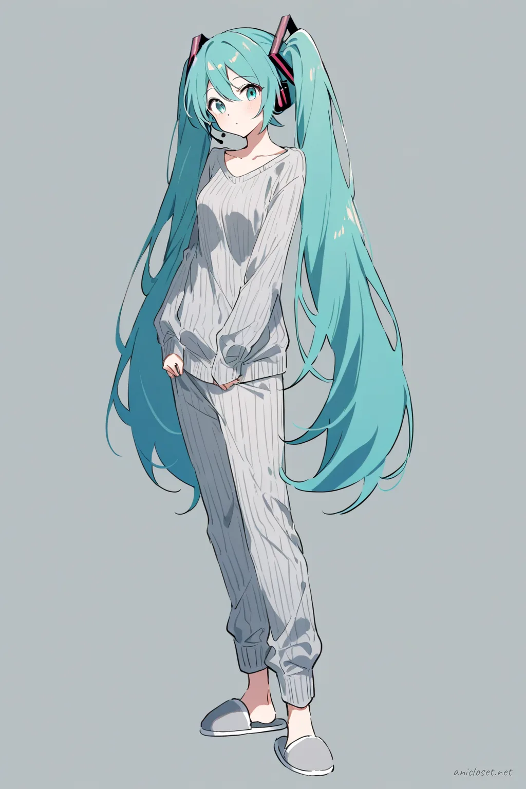 Full-body illustration of Hatsune Miku standing in a gray knit lounge sweater and pants with cozy slippers against a clean studio backdrop