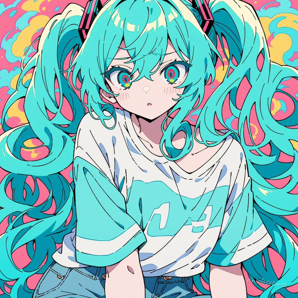 Illustration of Hatsune Miku in a full-body three-quarter view wearing an oversized zipper hoodie, light blue cuffed jeans, white low-top sneakers, and casual socks against a simple studio background